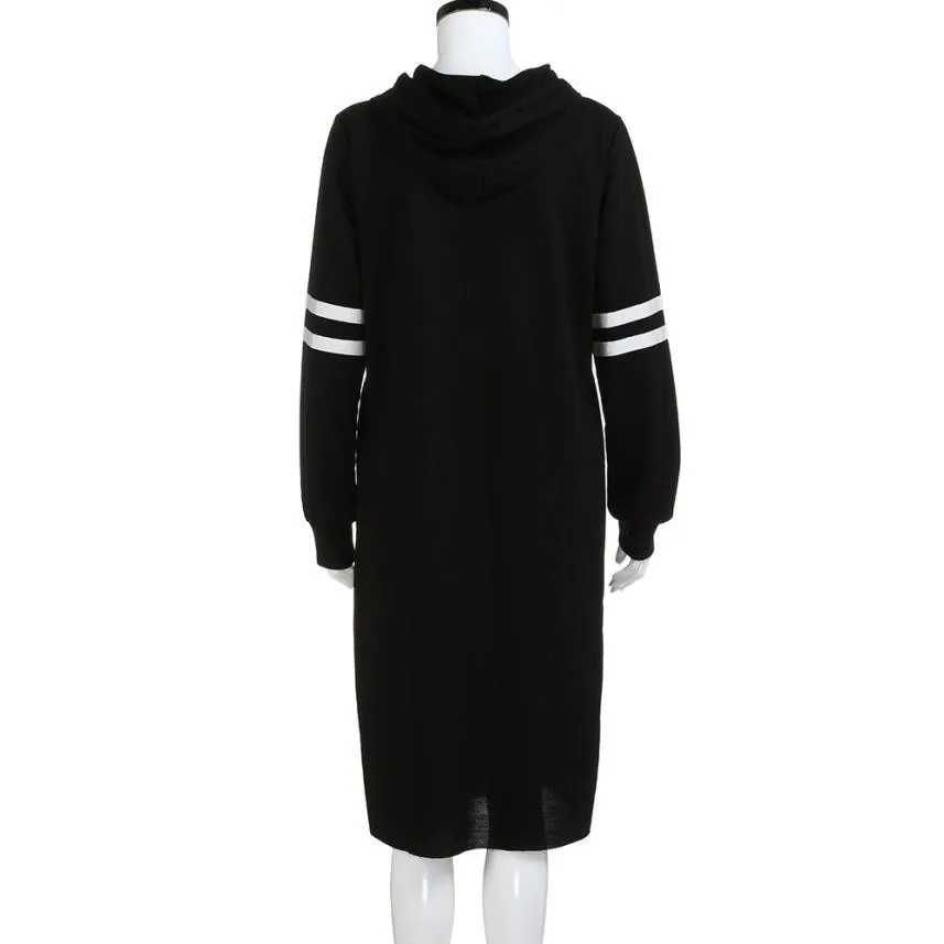 Hip Hip Womens Black Hoodie Pullover Dress Spring Autumn Ladies Fashion Striped Patchwork Long Sleeve Casual Loose Dresses #YL1