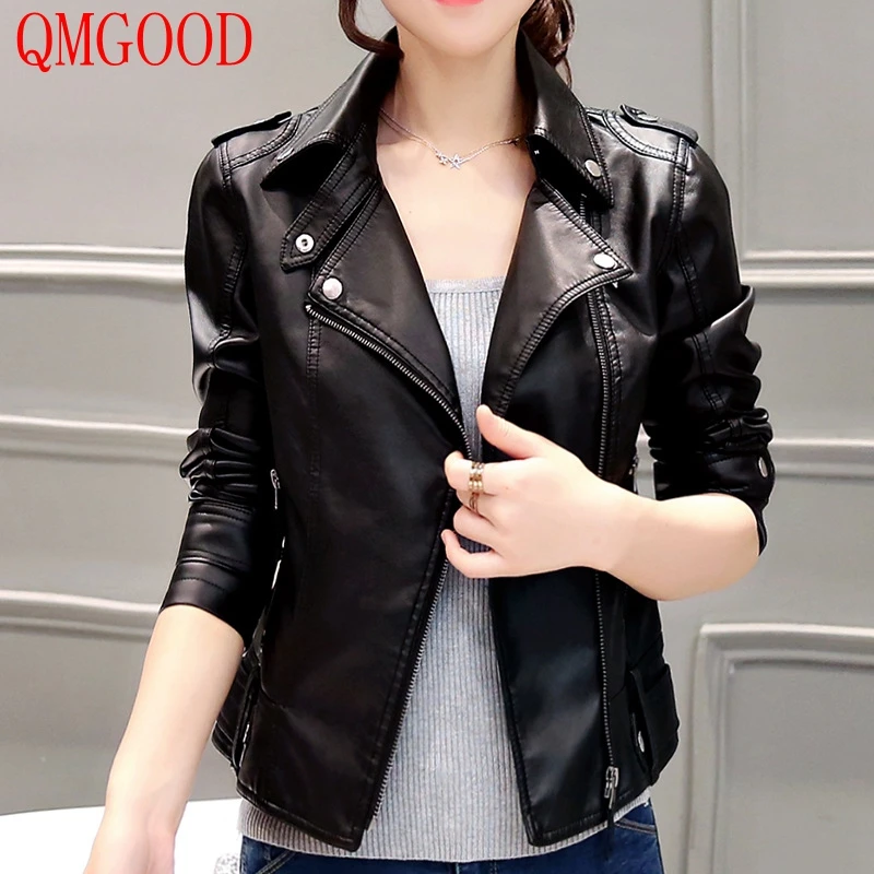 

QMGOOD Woman Coat Slim Womens Leather Jacket Black Short Section Lady PU Motorcycle Jacket 2018 Fashion Female Bombs Autumn Coat