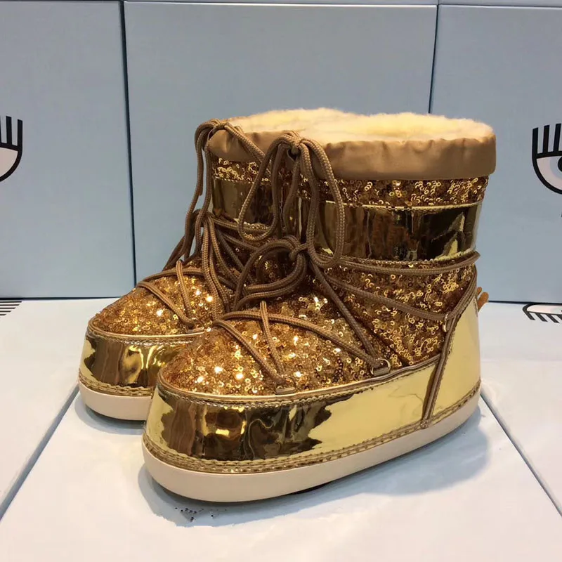 

Hot Winter Sheep Fur Snow Boots Shoes Woman Wool Shearling Boots Design Bling Glitter Waterproof Ankle Boots Zapatos De Mujer