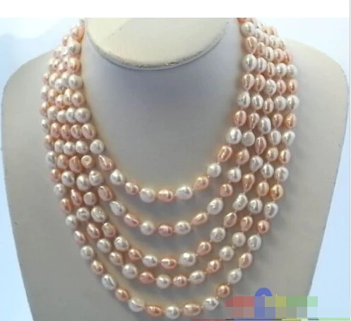 

shipping>>>>>LONG 80" 10MM WHITE PINK BAROQUE FRESHWATER CULTURED PEARL NECKLACE p816