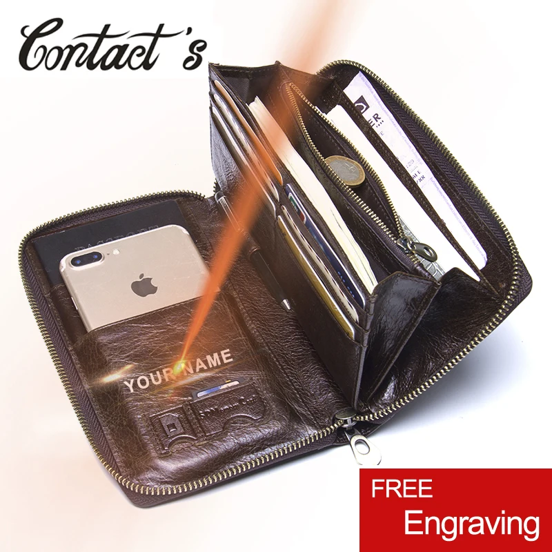 

Contact's Men Long Clutch Wallets Genuine Cowhide Leather Men Zipper Purses Fashion Passport Wallet With Phone Bags Card Holder