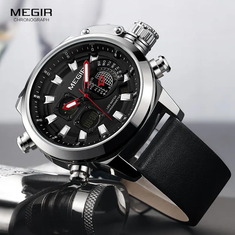Online MEGIR männer Sport Quarz Uhren Leder Strap Chronograph Luminous Armee Armbanduhr 2019 Neue Top Marke Uhr Relogios 2090 Schwarz