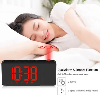 

USB Operated LED Projection Alarm Clock Dimmable FM Radio Desktop Clock with Rotatable Projector Dual Alarms Snooze Function