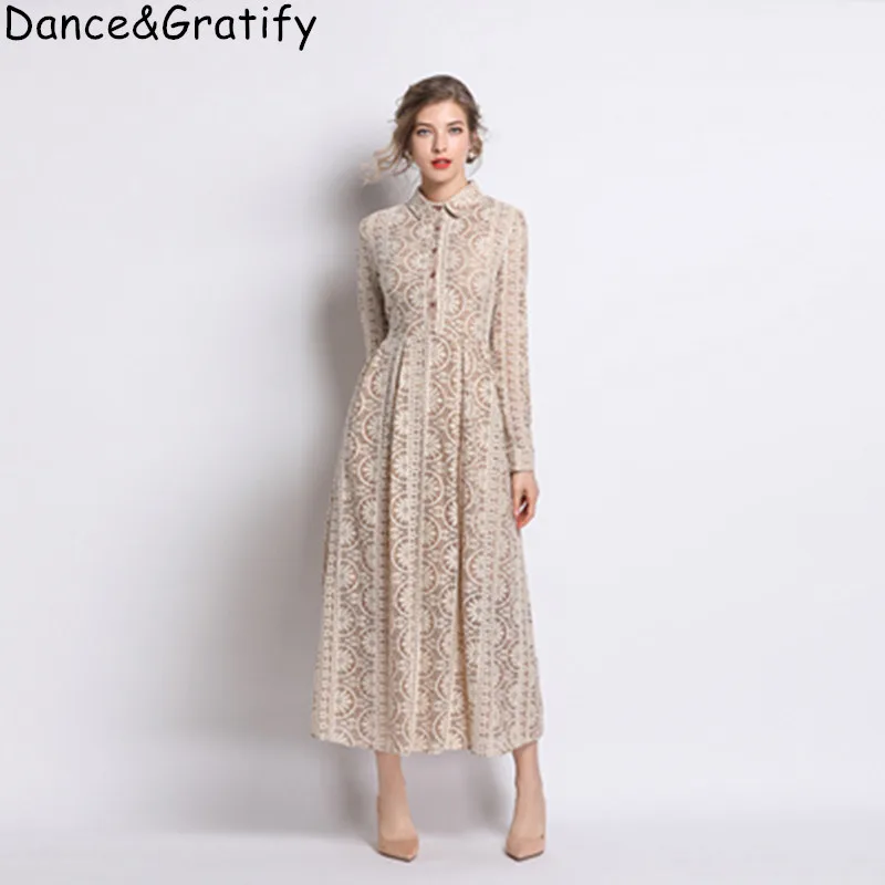 

High Quality Khaki Lace Hollow Out Casual Dress New 2019 Women's Turn-down Collar Big Swing Long Maxi Party Dress