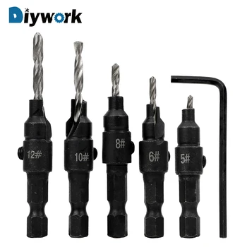 

DIYWORK 5pcs #5 #6 #8 #10 #12 1/4 Hexagonal Screw Woodworking Drill Bit Set Woodworking Hole Opener Drilling Pilot Holes