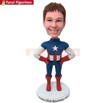 

Captain America Personalized Kid Children Gift Custom Bobble Head Clay Figurines Based on Customers' Photos Birthday Cake Topper