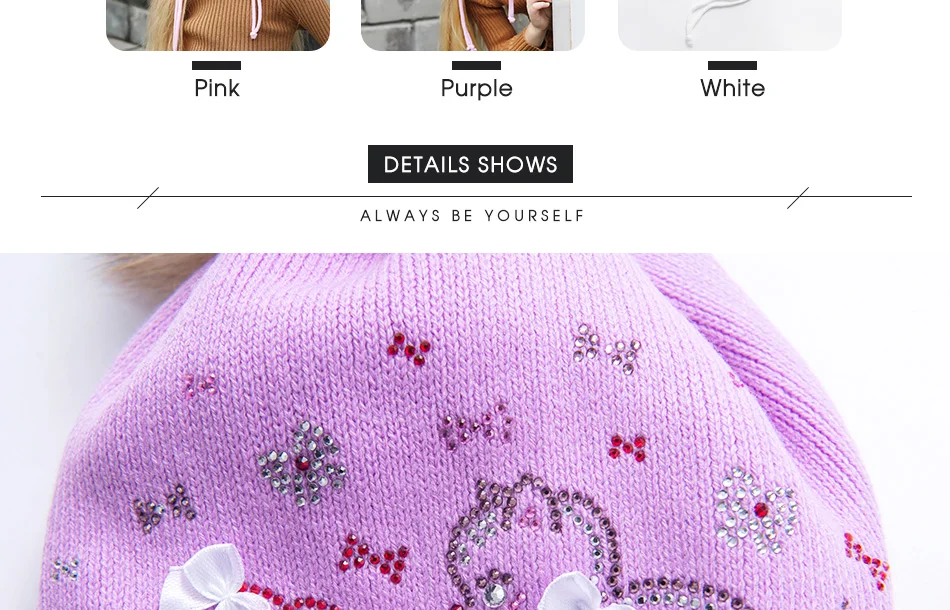 Cap's Children Skullies Beanies Pink Bowknot Double layer Knitted Hat Warm Beanies Kids Hat With Fur Pompom Winter Beanie (5)
