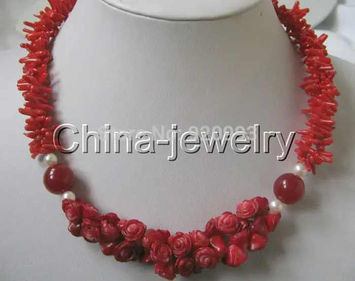 

Wholesale&FREE P&P**Beautiful 18" 2row red carved coral & FW pearl & red jade necklace