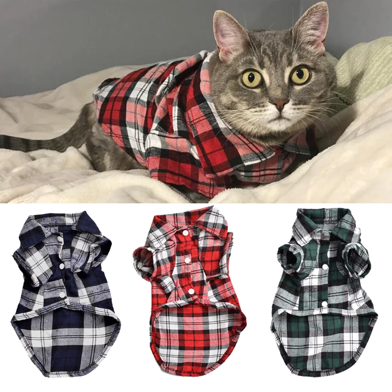 Летние модные клетчатые рубашки с котом, костюмы, пальто, одежда для домашних животных, котов для маленьких средних кошек, футболка для собак, одежда для щенков, комплекты с котенком