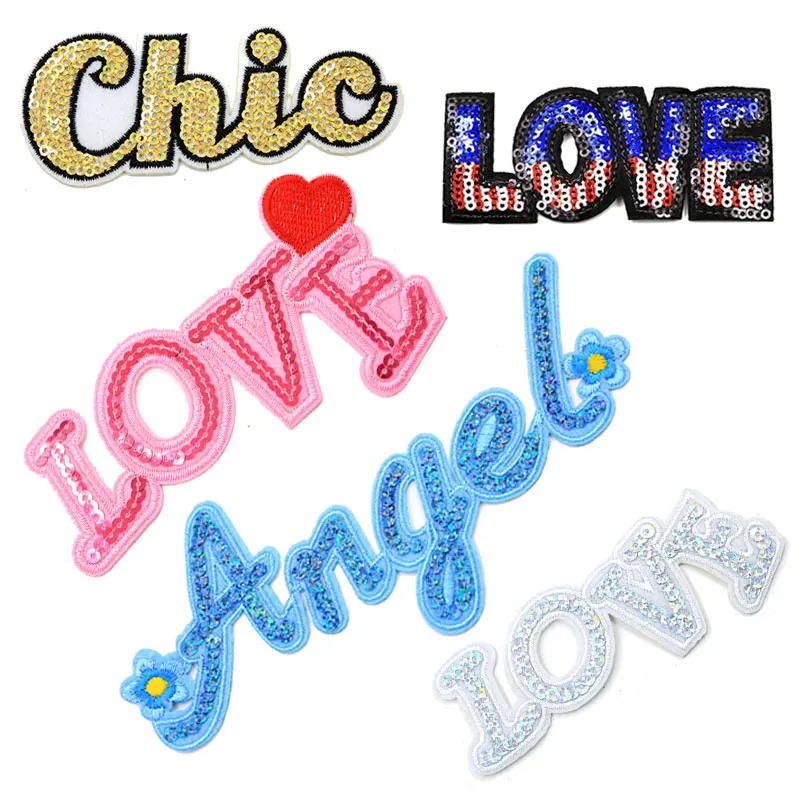 

Love Patch on Clothes Embroidery Iron on Sequin Patches for Clothing Angel Chic Logo Applique Stickers Patchwork Accessories