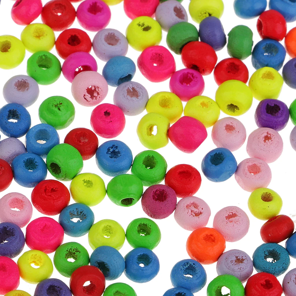  200 Pcs 4mm Colorful Round Solid Wood Beads Color Large Hole Wood Beads Mixed Wood Beads Paint Color For Jewelry Making Beads