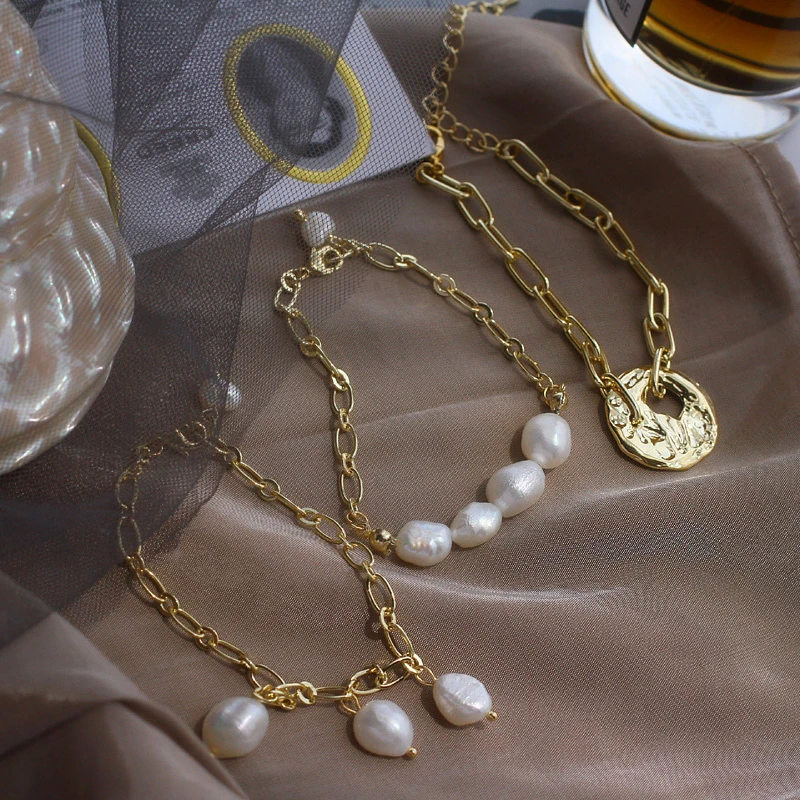 

HZ 2019 Elegant Gold Baroque Irregular Pearls Link Chain Tassel Bracelet Metal Hand Jewelry Irregular Beads Bangle for Women