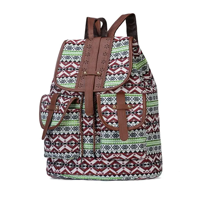 Школьный рюкзак с геометрическим принтом в национальном стиле для девочек-подростков, Модный женский рюкзак на шнурке, женские рюкзаки - Цвет: Зеленый