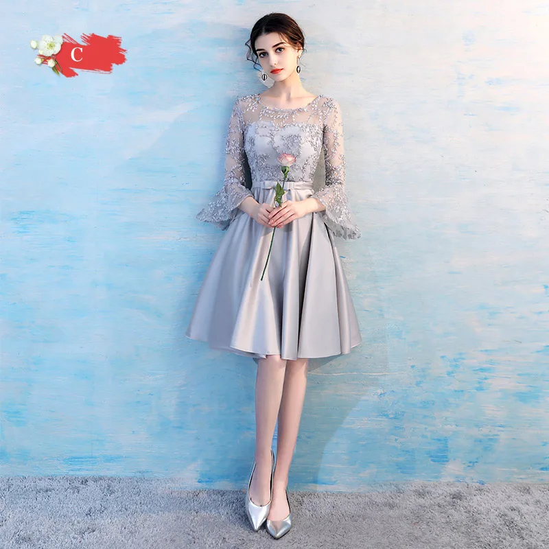 Silver Grey C NICEOOXIAO элегантное модное платье подружки невесты Новое Кружевное шифоновое, с рукавами до локтя короткое платье слово простое платье подружки невесты BNLF611-20 - Цвет: Silver Grey C