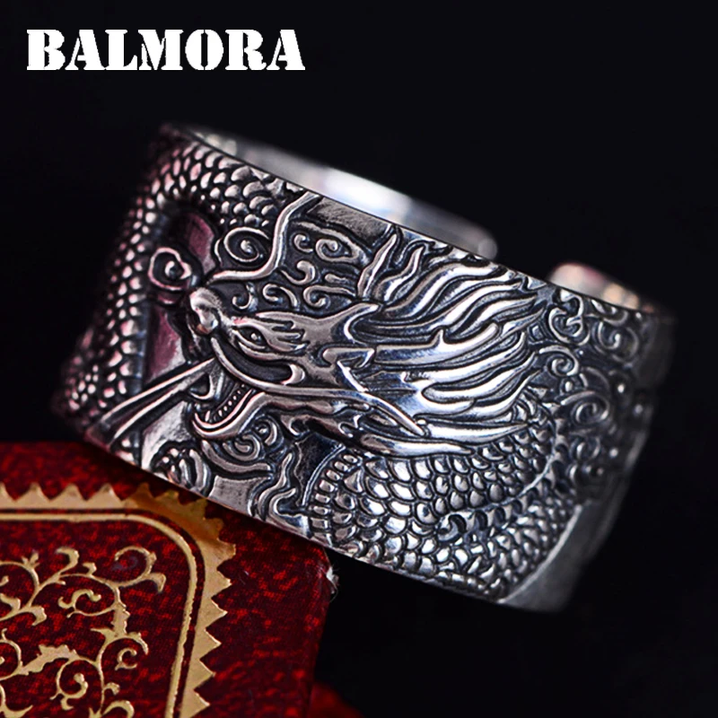 Открытые мужские кольца BALMORA из настоящего чистого серебра 999 пробы с драконом