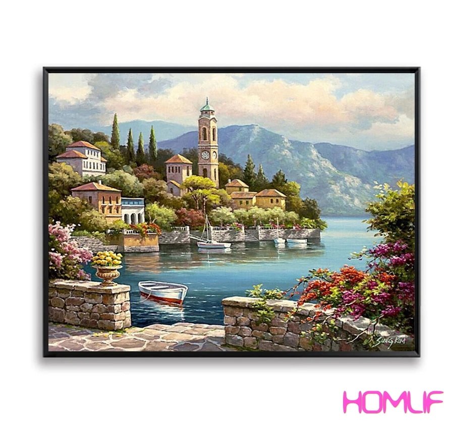 

diamond painting House Beach Boat Lake Stone Island diamond embroidery sale stitch cross diamond mosaic rhinestones pictures