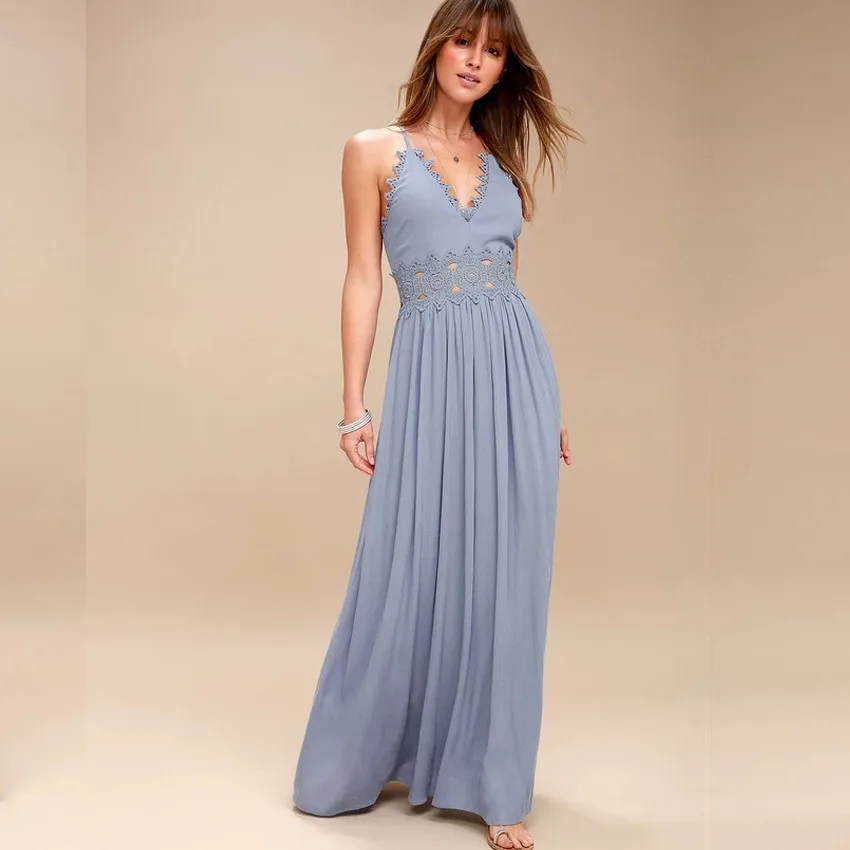 Cena Elegancka bez pleców, ze wstążką długa sukienka kobiety drążą wieczór letnia sukienka plażowa Party sexy niebieskie sukienki maxi vestidos sundress