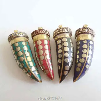 

TBP645 Tibetan Brass Capped Stone Golden Fangs Amulet Pendants for Man Multi Colors