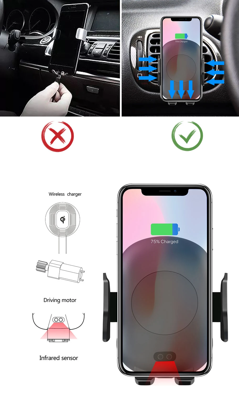 NYFundas Q1 360 Degree Rotation Car Wireless Charger For iphone X 8 8Plus Note 9 8 7 5 Folding Sensor Charging Phone Pad Docking (5)