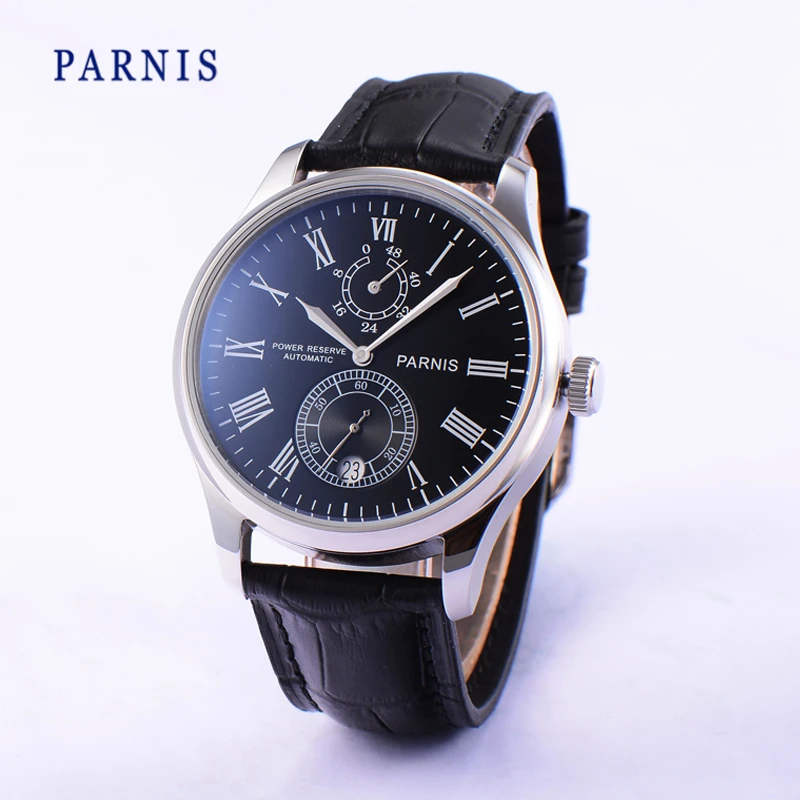 42mm Parnis Seagull 2542 Movement Automatic Power Reserve Men s Watch Black Dial with Silver Numbers