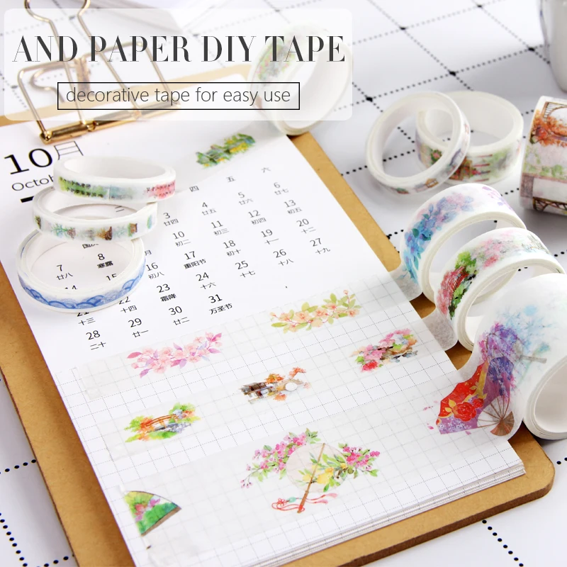10 Pcs/lot Fall Decorative Paper Green Pink Purple Washi Tape Set Japanese Stationery Kawaii Scrapbooking Supplies Stickers | Канцтовары