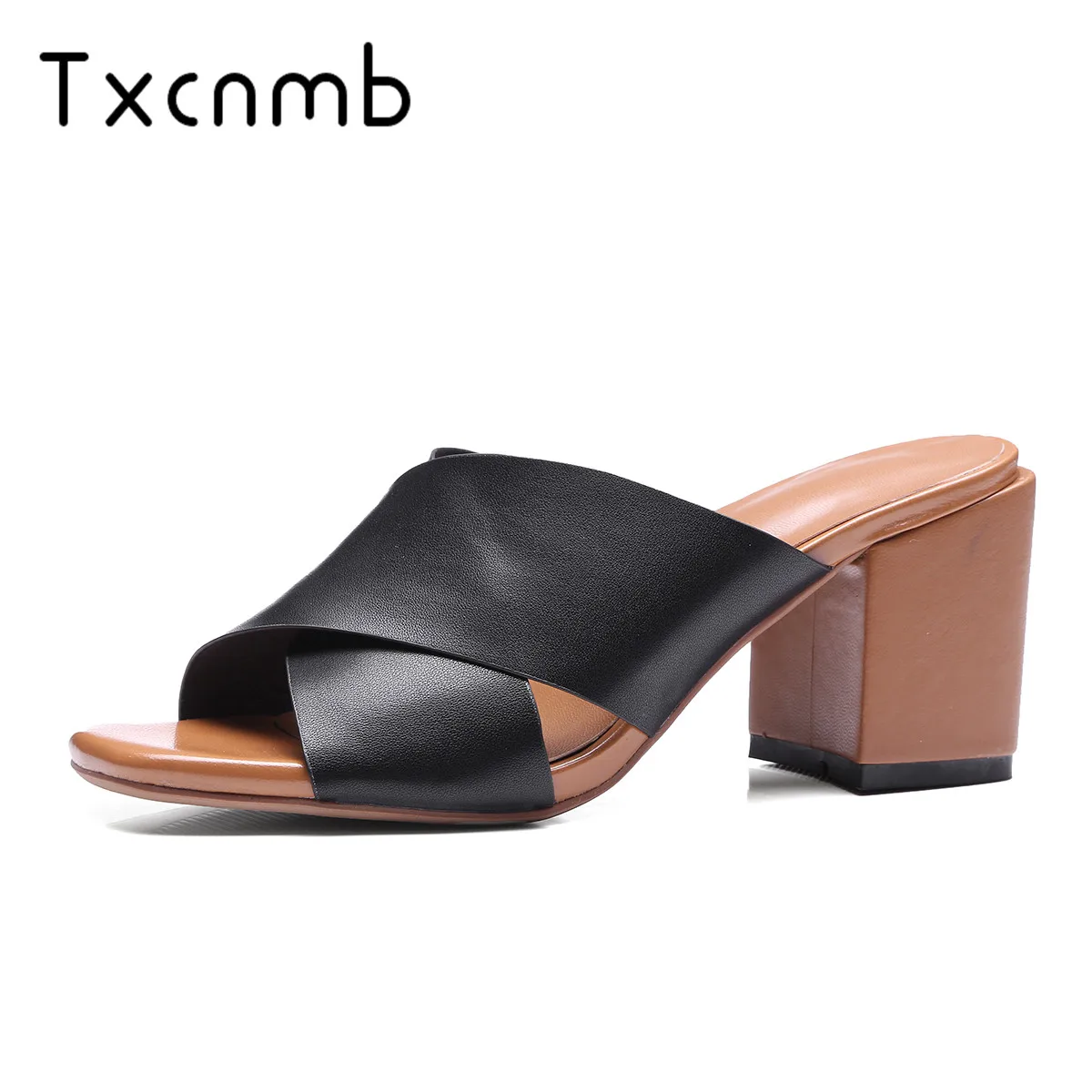 

TXCNMB 2019 Genuine leather Women Sandals summer Coarse High Heel Fashion Open-toed Slingback Ladies Shoes woman sandals wedding