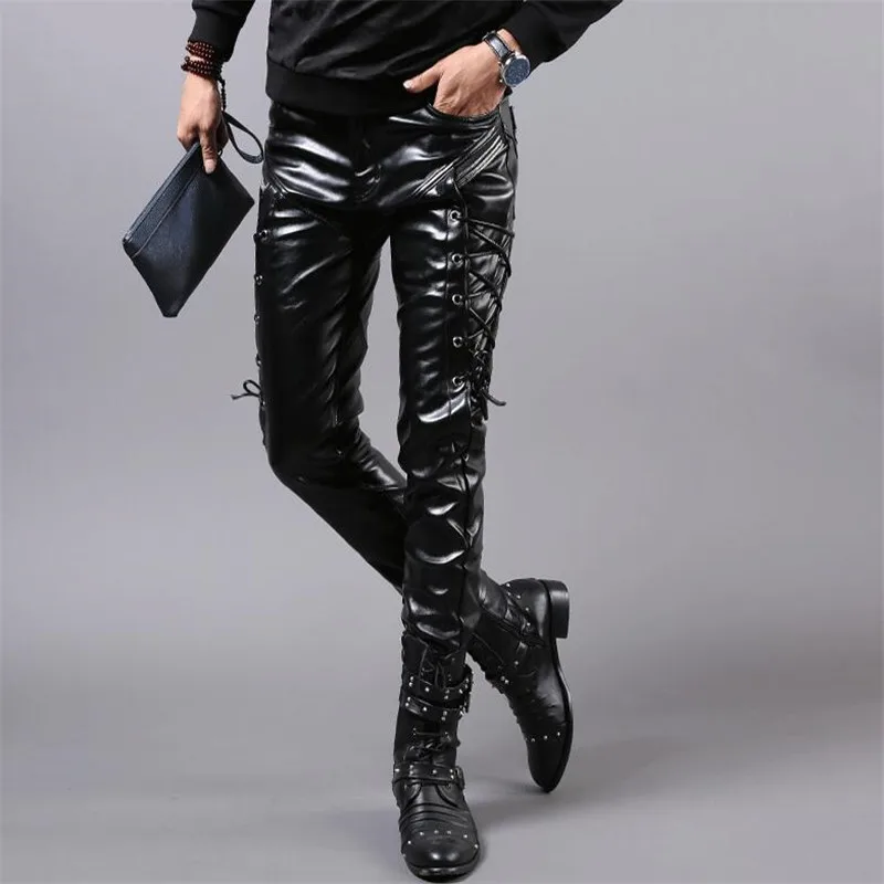 Брюки мужские облегающие байкерские из искусственной кожи на зиму|leather motorcycle