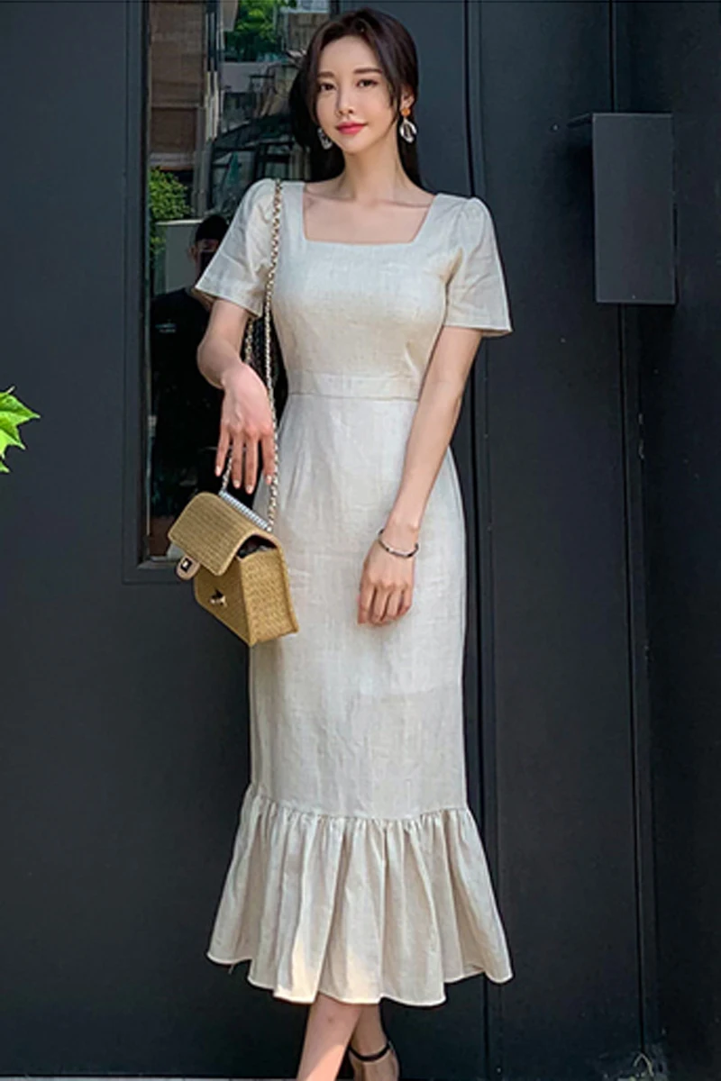 Лето корейский стиль элегантный женское льняное платье с квадратным вырезом Империя короткий рукав винтажное облегающее платье Русалка