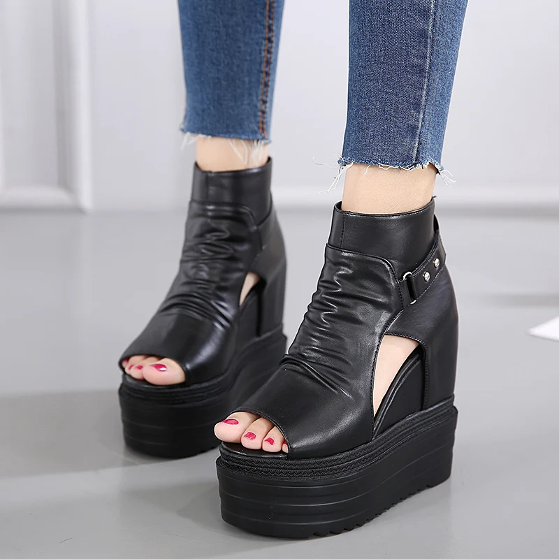 Zapatos Súper Grueso Boca Dentro De Aumento Plataforma Simple Los Pescados Sandalias Negro Impermeables Cuña Inferior Clásico Altos Muffin Tacones 8aq0F6w