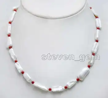 

SALE 10*15mm Purple Rectangle Natural Pearl & 3-4mm Red Coral 17'' Necklace-6370
