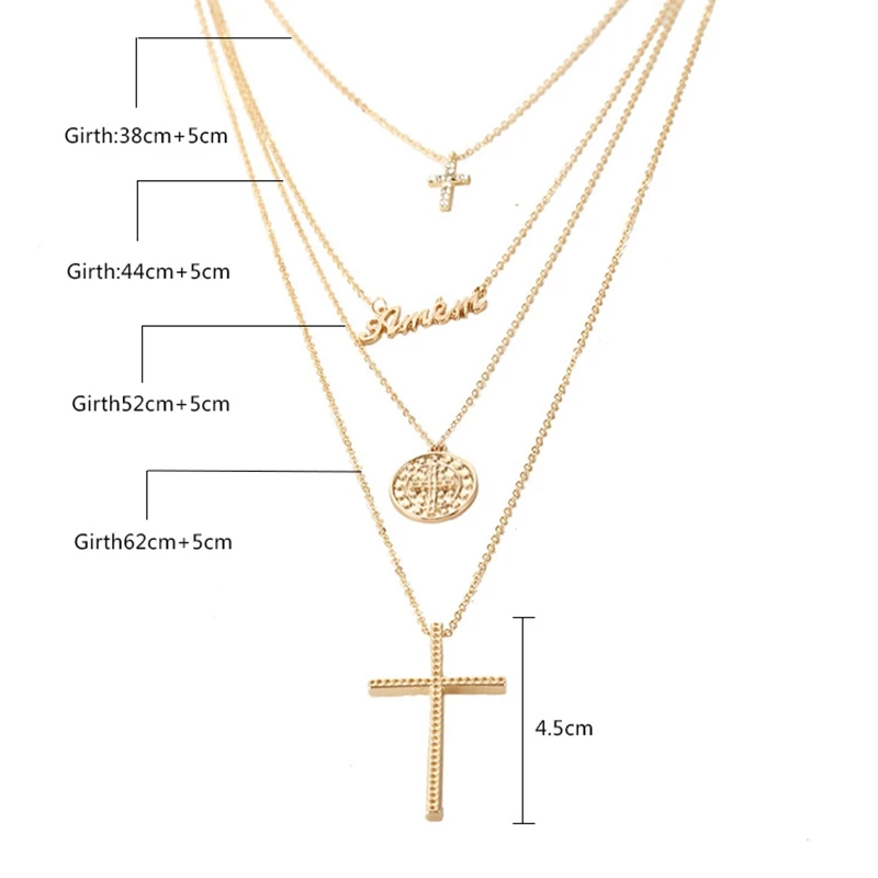 Gold Color Cross Letter Round Pendant Necklace Boho Multi Layer Choker Chain Link Necklace For Women Fashion Jewelry Gift