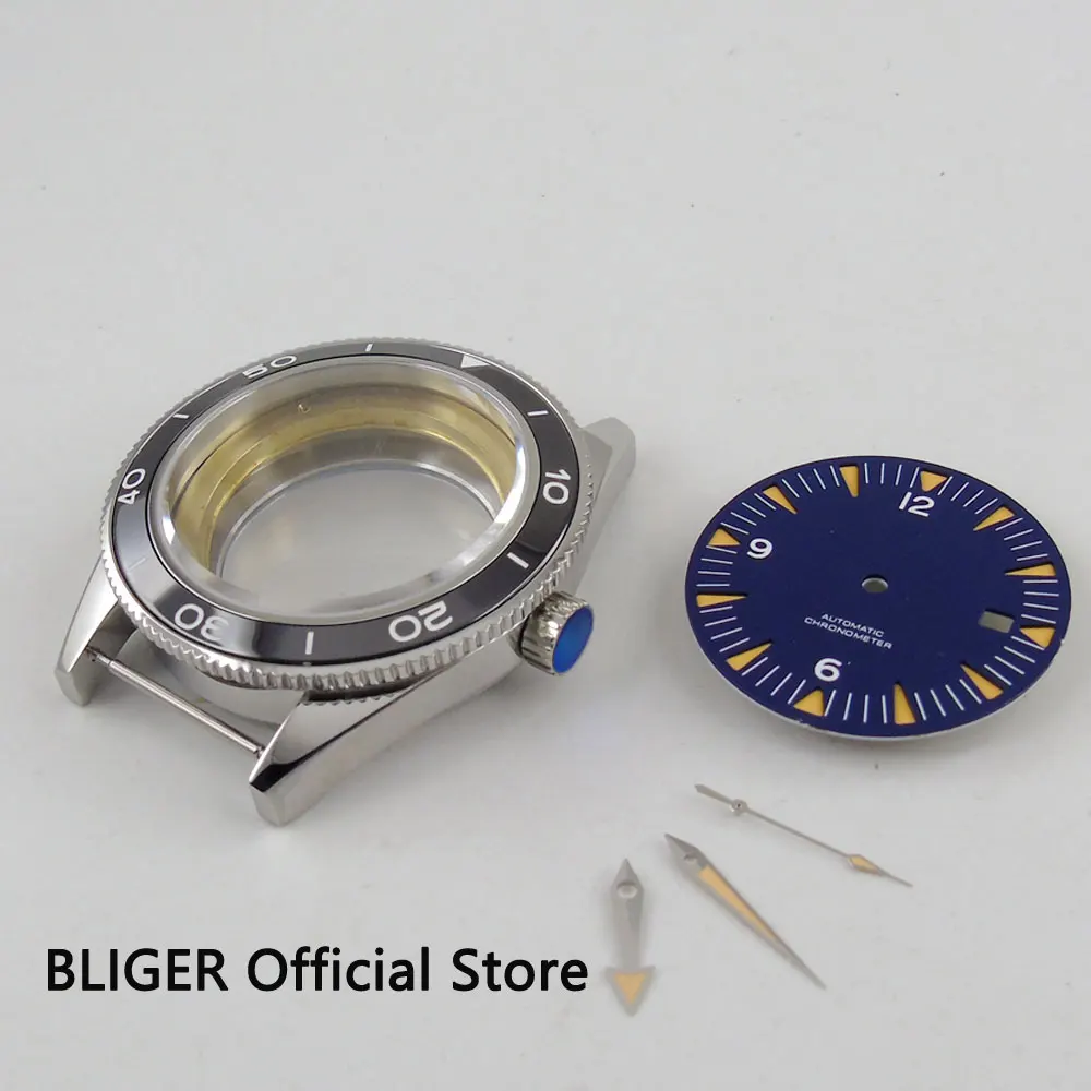 Caixa do Relógio Preto de Cerâmica Moldura de Aço Inoxidável + Mostrador Azul + Ponteiro Apto para Eta Luminoso Automatic Movimento 41 mm 2836