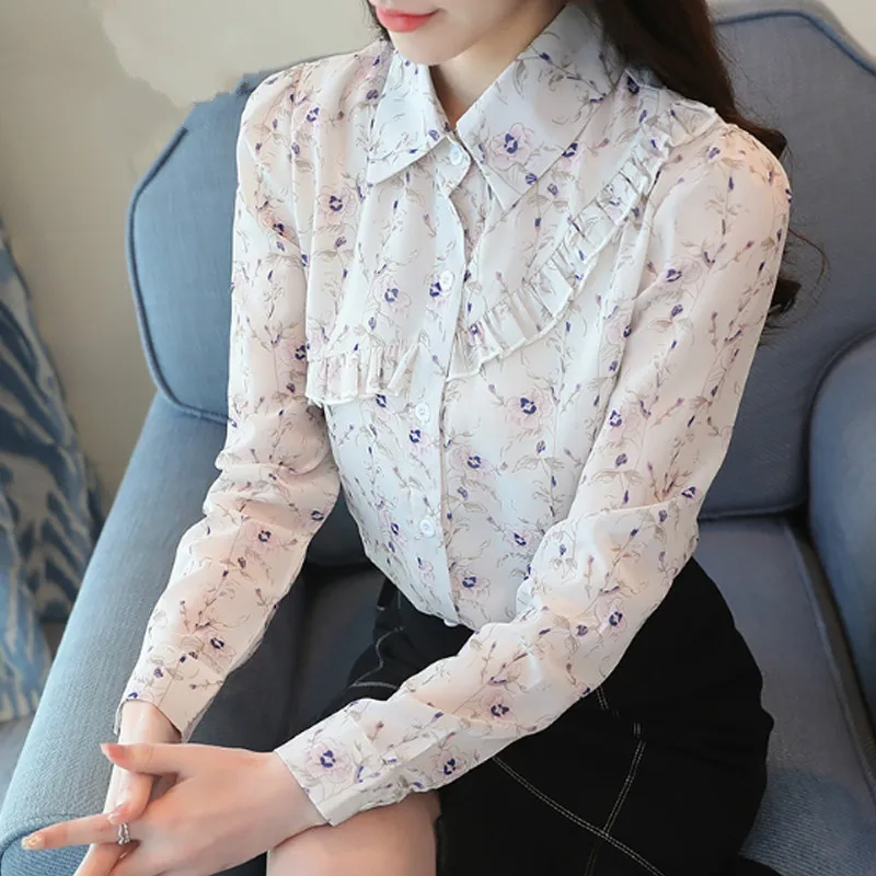 Camisa шифон Nova худи на молнии блуза с оборками манга Longa Flor Impresso Mulheres Топ blusas mujer