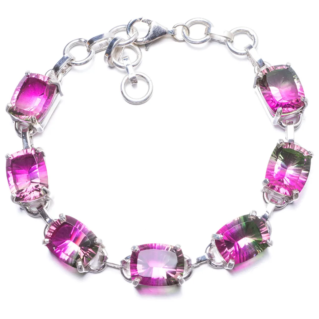 

Natural Mystical Topaz Handmade Unique 925 Sterling Silver Bracelet 6 3/4-7 3/4" Y2015