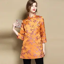 Элегантный длинный рукав Для женщин блузка цветочный Костюмы Осень Новый Тан вершины традиционный мандарин рубашка с воротником Леди