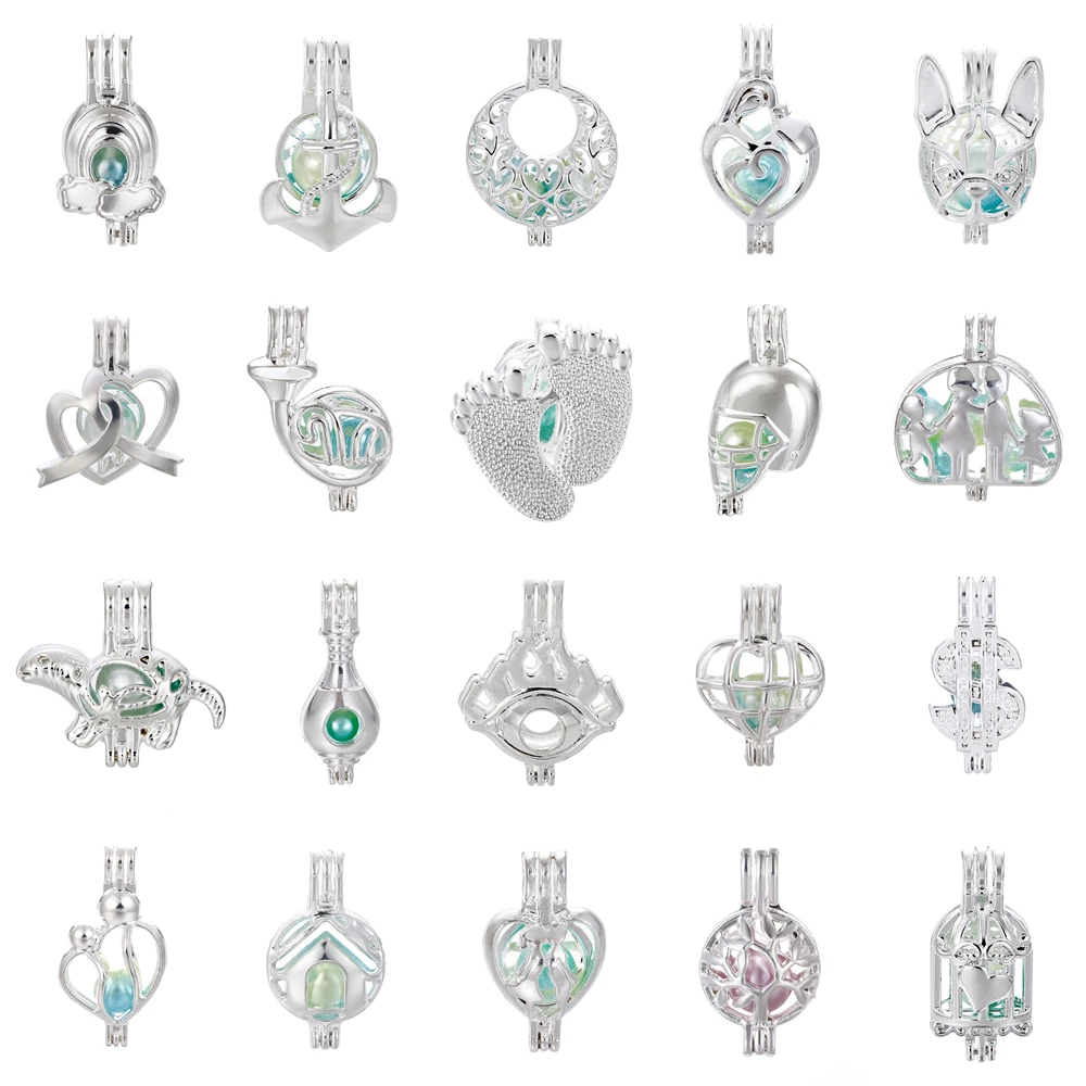 

1pcs Silver Family Heart Ribbon Moon Lover Oyster Pearl Cage Jewelry Making Beads Cage Pendant Essential Oil Diffuser Locket