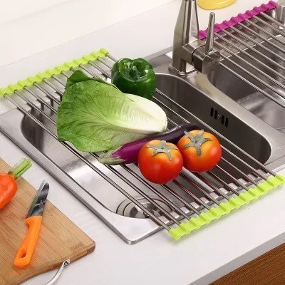 

Kitchen Roll Up Dish Drying Rack Foldable Stainless Steel Over Sink Fruit Vegetable Drainer Bowl Storage Holder Rack Organizer
