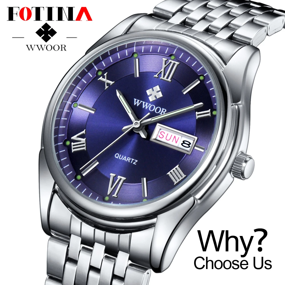 FOTINA Top Brand WWOOR Watch Men Day Date Stainless Steel Relojes Dress Men Clock Quartz Sport