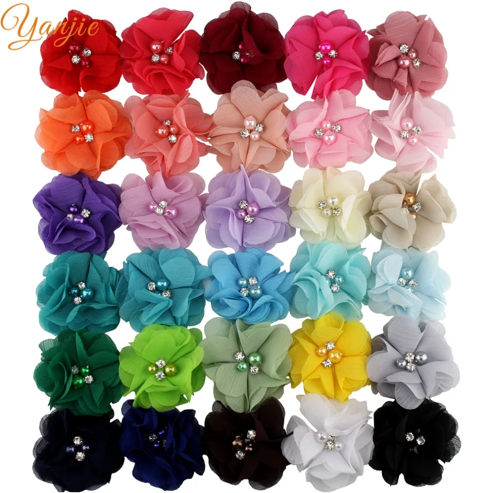 YANJIE 30pcs/lot 2" Chic Shabby Frayed Chiffon Fabric Flower Hair Accessories DIY For Headbands Trendy Hair Clip 2021 Flores