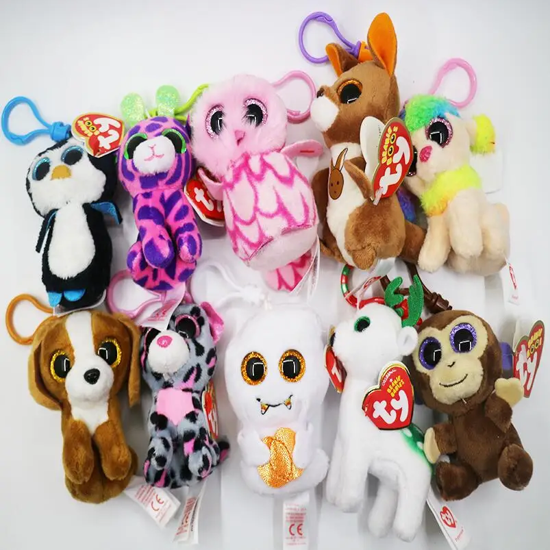 

10pcs/lot Ty Beanie Baby 3" Simulation Animal Monkey Mist Leopard Dragon Unicorn Big Glitter Eyes 7cm Keychain Clip Plush Toys