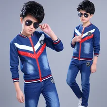 Spring and sutumn baby boys’ body suit fashion kids boy denim Baseball collar caot + jeans clothing set children’s clothing set