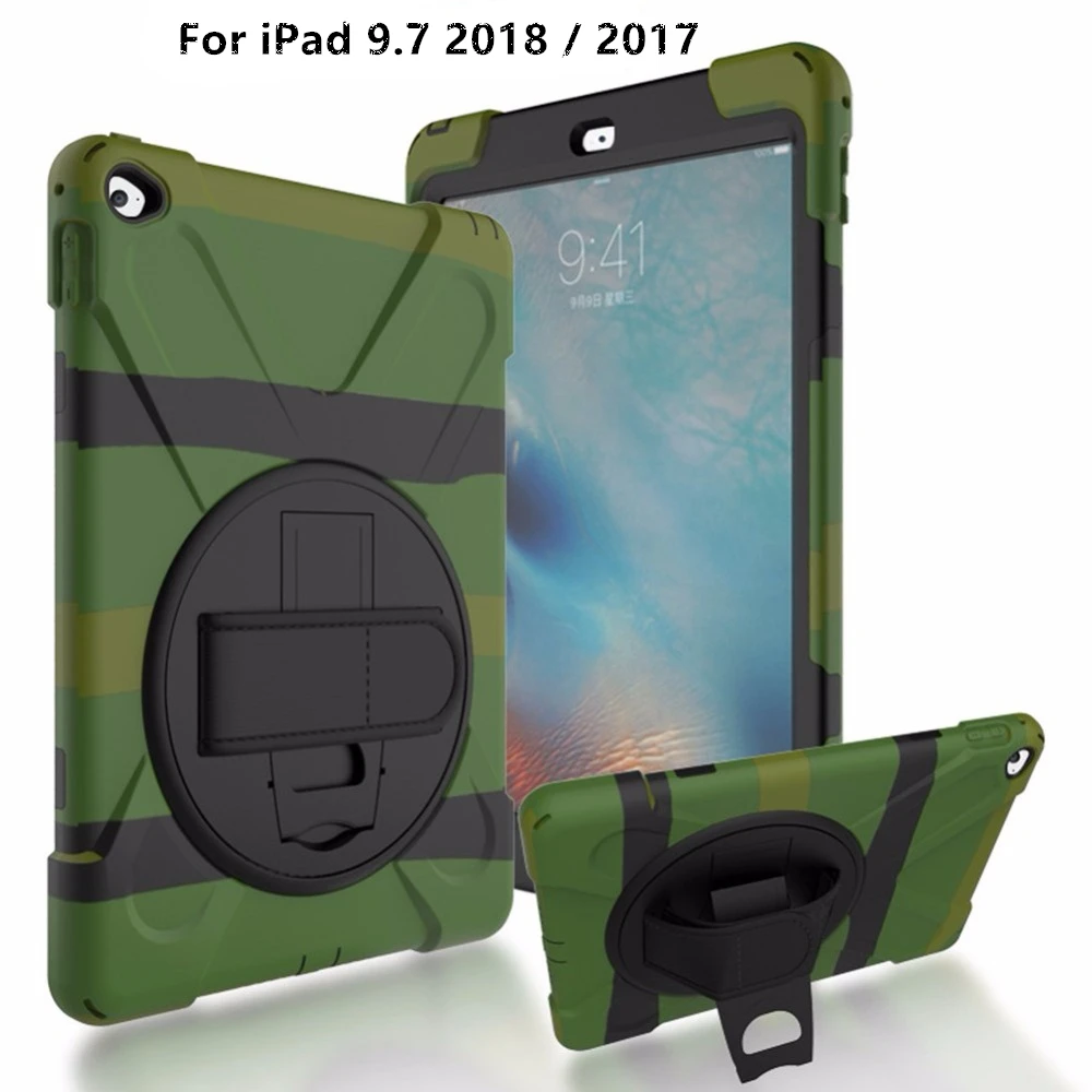 

For iPad 9.7" 2018 / 2017 Rugged Case, Heavy Duty 3-Layer Cover Anti-slip Armor w/ 360 Swivel Stand, Hand Strap & Neck Strap