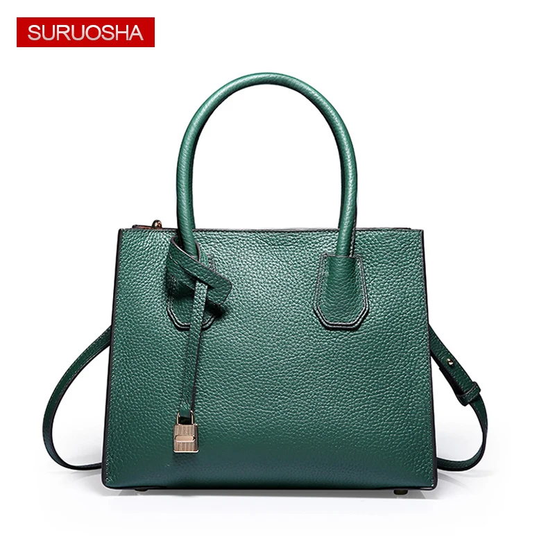 

Women Handbag Lock Genuine Leather Green Totes Shoulder Bags Luxury Women Designer Brand Tote Hand Bags for Rich Women