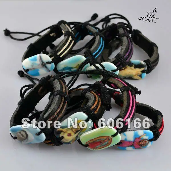 

Wholesale 60pcs/lot Leather MIX Holy Icon SAINTS JESUS Angel Virgin Mary Bracelets ID Bracelet Religious Jewelry