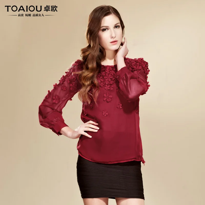 2013 women's sweet solid color three dimensional flower long sleeve