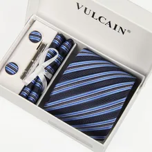 Премиум мода человек черный синий полосатый серебряные точки 8 см набор галстуков манжета ссылка Hanky зажим для галстука формальный Выпускной вечерние подарочная упаковка