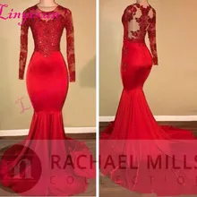 Винтаж Sheer одежда с длинным рукавом Красный Пром платья Русалка Аппликация блестками в африканском стиле черный для девочек вечерние платья Red Carpet платье