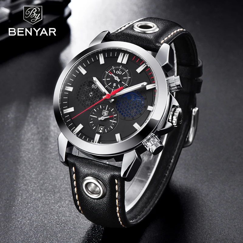 BENYAR Men's Watches Luxury Watches Men Military Watch Leather Quartz Watch Man Clock Chronograph M