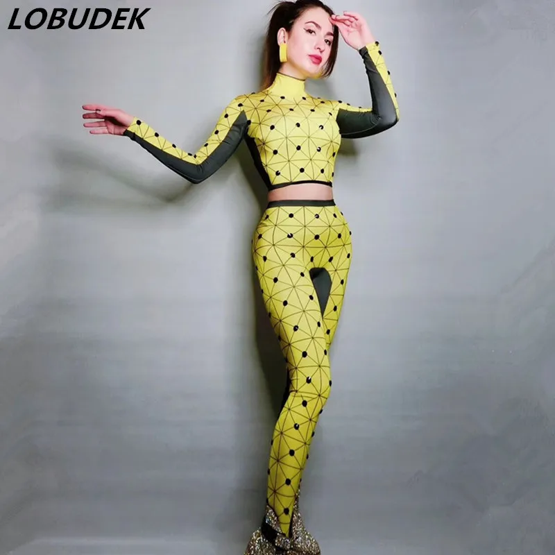 

2019 Spring Women Set Yellow Plaid Crystal Skinny 2 Pieces Nightclub DJ Singer Performance Costume Party Dance Outfit Stage Wear