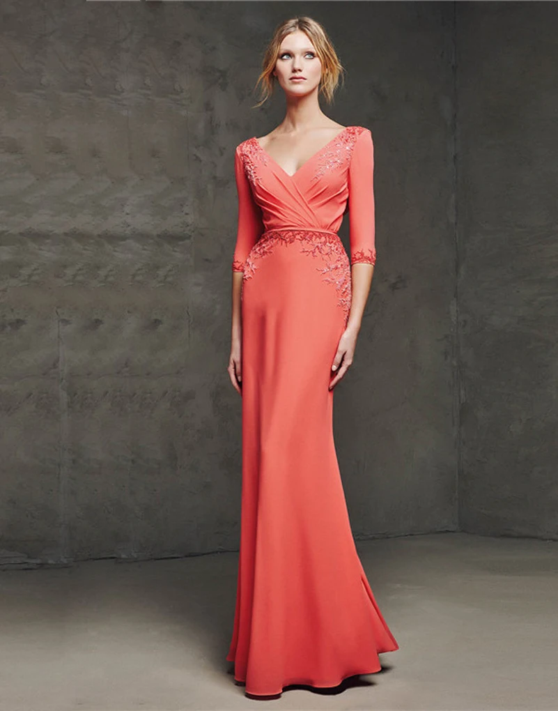 New Design Long Chiffon Coral Evening Dress with Half Sleeve Applique V
